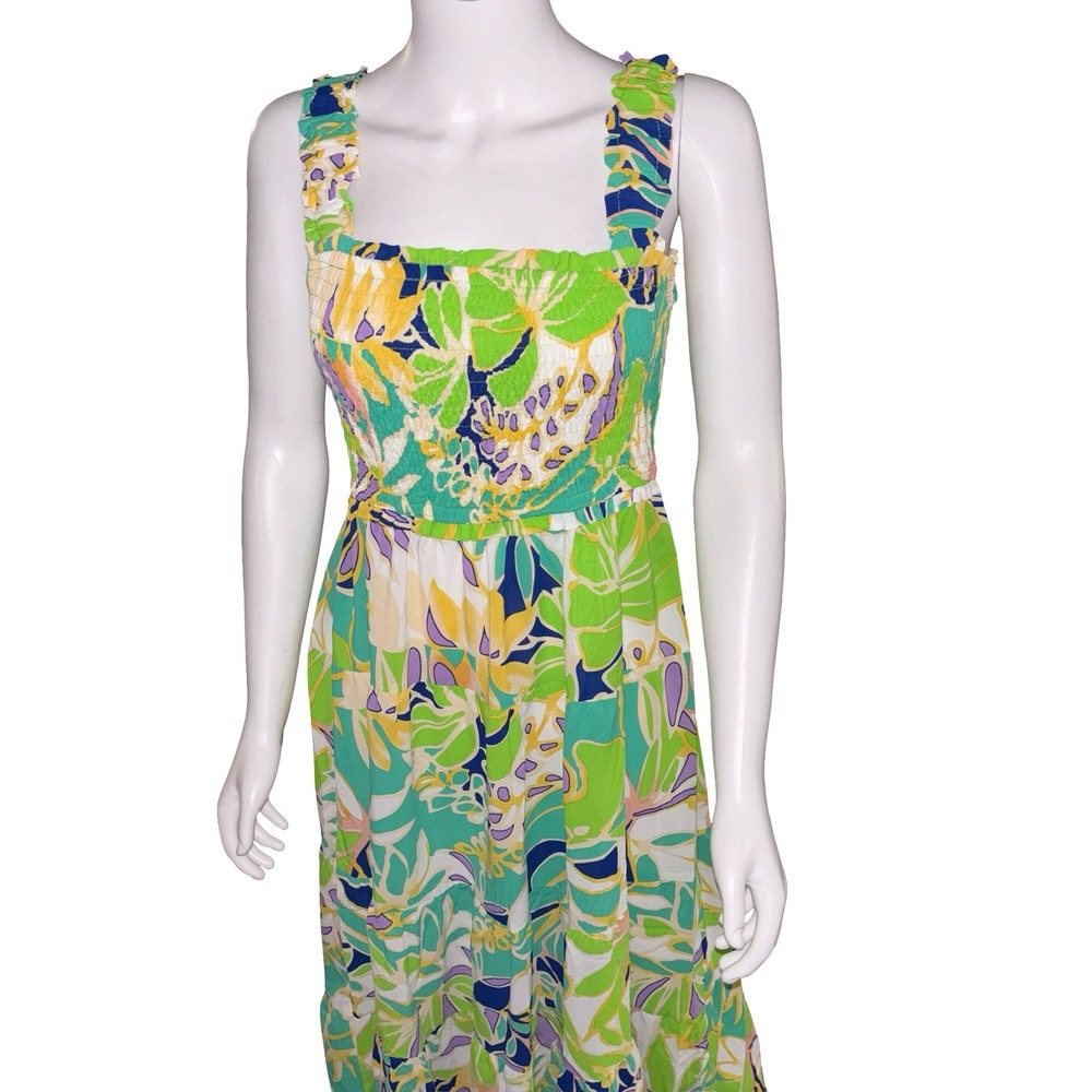Umgee Tropical Floral Smocked Midi Dress Green Yellow Purple NWT